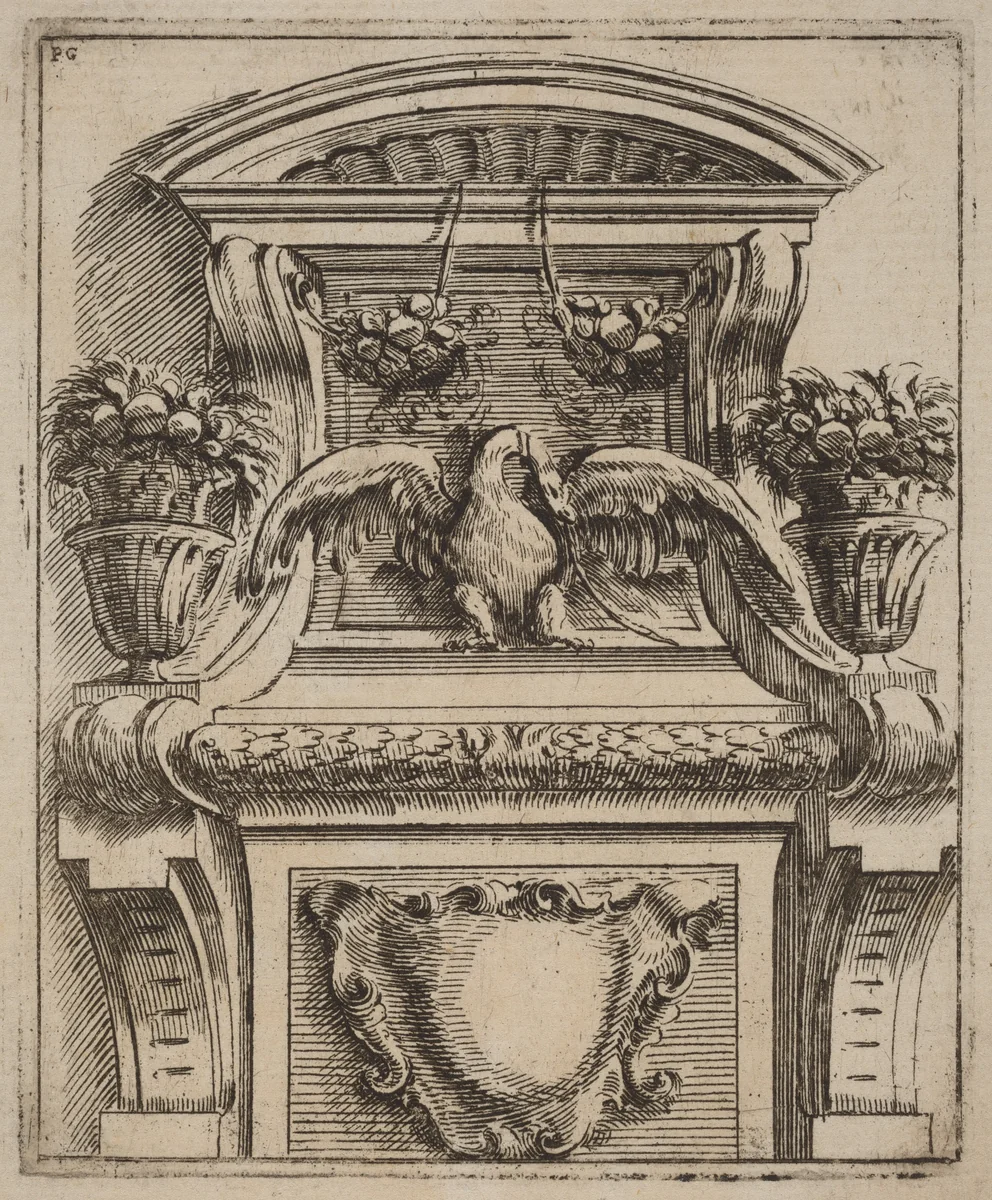 Architectural Motif with a Bird by Carlo Antonio Buffagnotti, print, 1690
