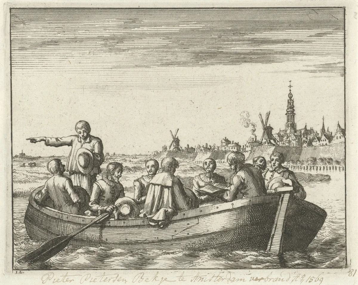 Pieter Pietersz. Bekjen leest voor uit de Bijbel in een schuit op de Amstel buiten de Regulierspoort te Amsterdam, 1569 by Jan Luyken, print, 1685