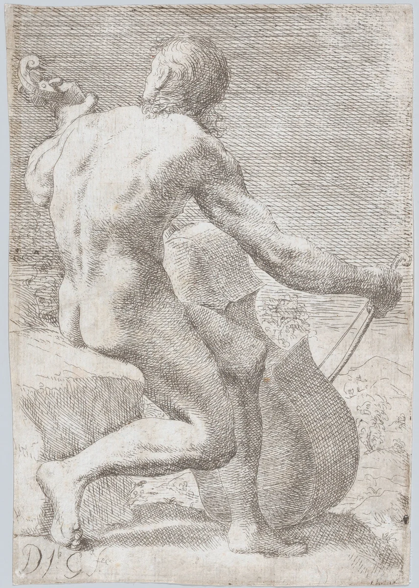 Study from behind of a naked man playing a cello, from "Principios para estudiar el Nobilísimo y Real arte de la Pintura" by José García Hidalgo, print, 1688-1698