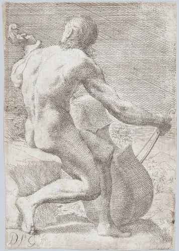 Study from behind of a naked man playing a cello, from "Principios para estudiar el Nobilísimo y Real arte de la Pintura" by José García Hidalgo, print, 1688-1698