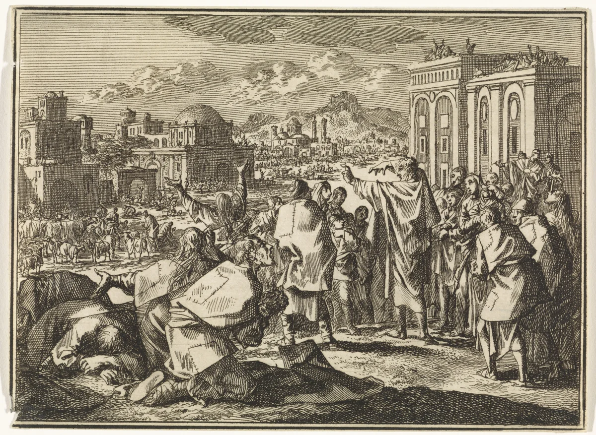 Jona voorspelt de ondergang van Nineve by Jan Luyken, print, 1712