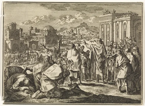 Jona voorspelt de ondergang van Nineve by Jan Luyken, print, 1712