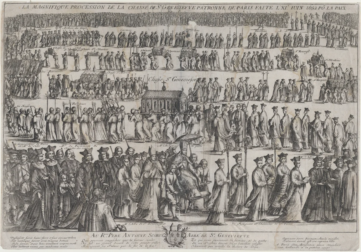 The procession of the casket of St. Genevieve, with clerics and laymen marching in six rows; in the foreground the Archbishop of Paris is carried in a chair, the Chasse in the row above him, and the monks of the monasteries of Paris lead the procession at top by Nicolas Cochin, print, 1652