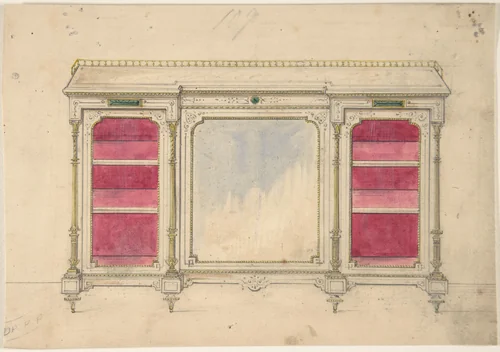 Cabinet Design with a Mirrored Front and Red Shelves by anonymous, drawing, 1800-1900