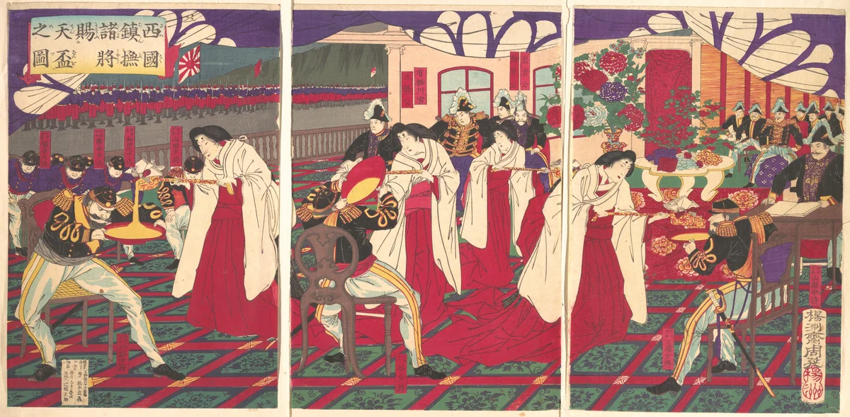 Illustration of the Commanders who Pacified Western Japan, Receiving the Emperor's Gift Cups (Saigoku chinbu shoshō tenpai o tamau no zu) by Yōshū Chikanobu (楊洲周延), print, 1877