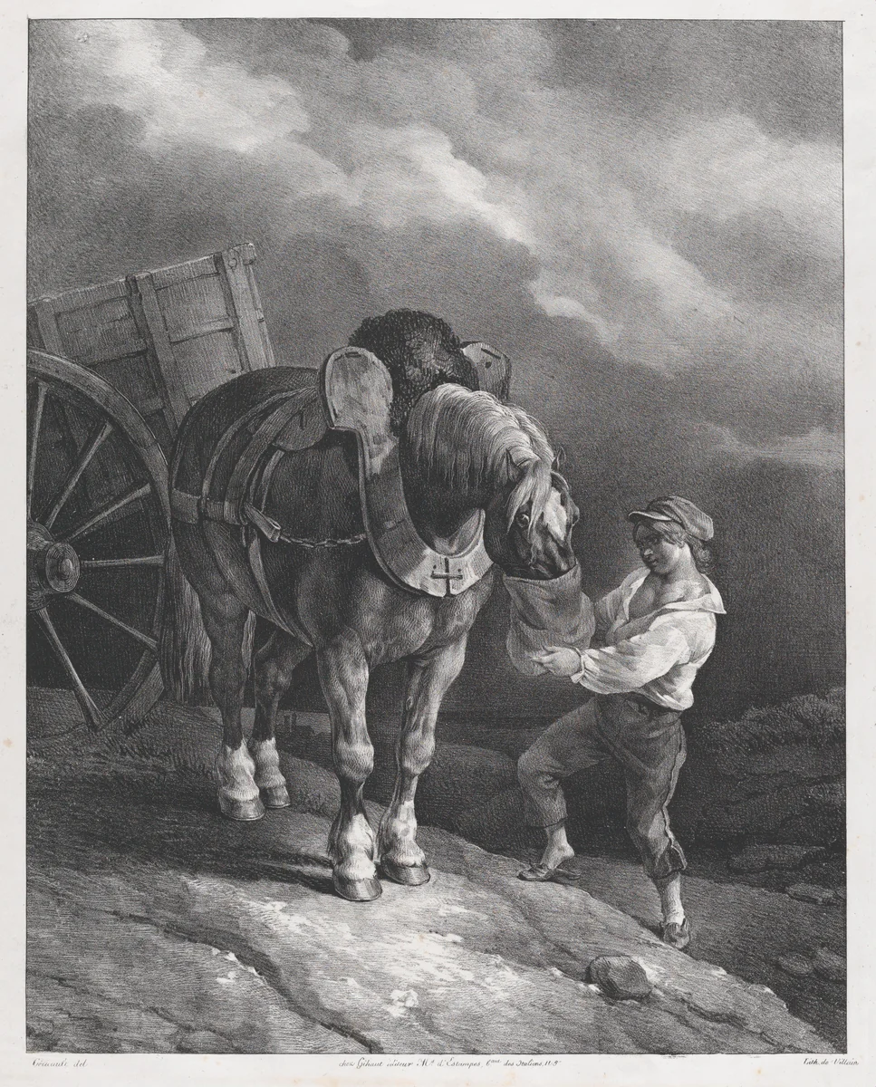 Boy Feeding a Cart Horse from a Nose Bag by Théodore Gericault, print, 1822