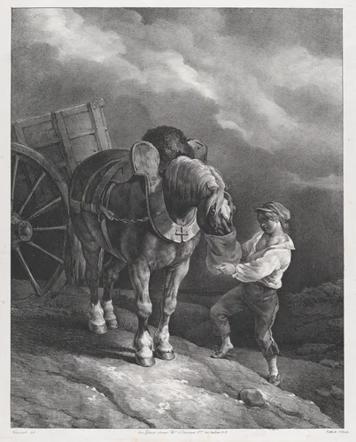 Boy Feeding a Cart Horse from a Nose Bag by Théodore Gericault, print, 1822