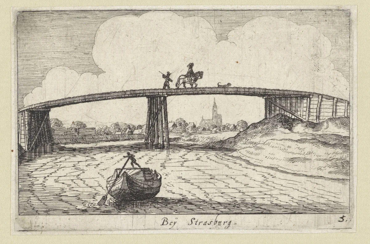 Brug over de rivier met Straatsburg in de verte by Wenceslaus Hollar, print, 1629