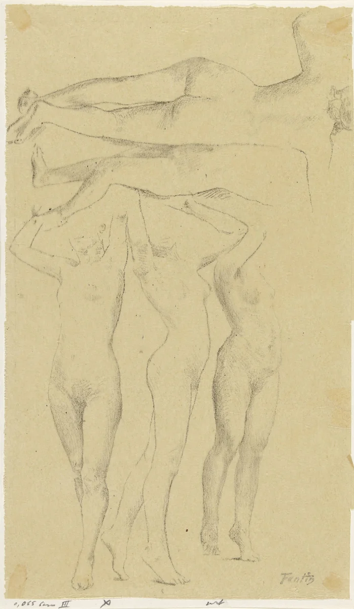 Vijf naaktstudies; drie met opgeheven armen, de andere op de rug gezien by Henri Fantin-Latour, drawing, 1846-1904