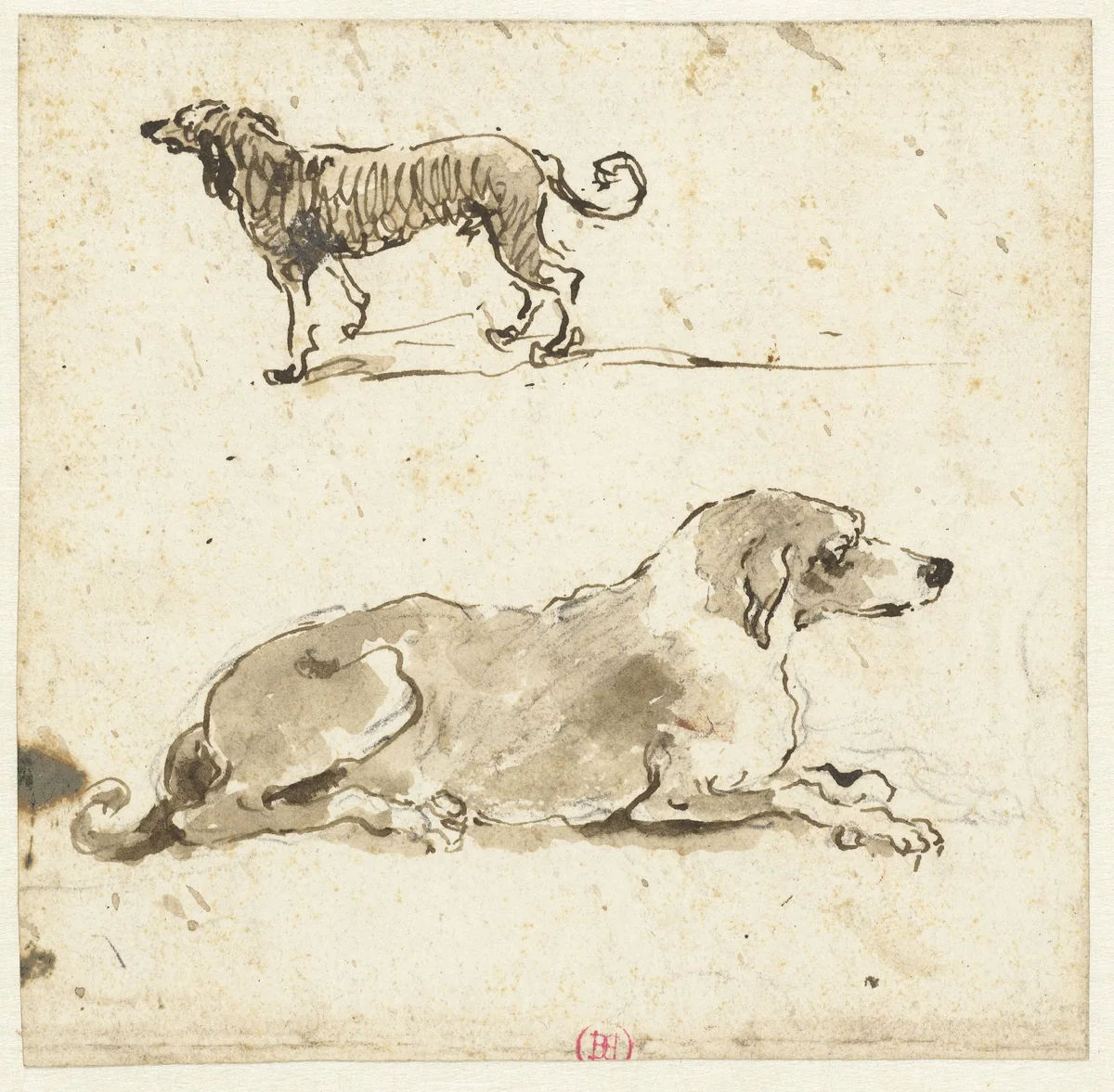 Liggende en een lopende hond by Francesco Guardi, drawing, 1722-1792