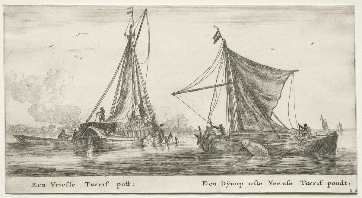 Various Ships and Views of Amsterdam (Verscheÿde Schepen en Gesichten van Amstelredam), Part II: A Frisian Peat Barge. The Dÿnop, near the Veensche Peat Pond by Clement de Jonghe, print, 1652-1654