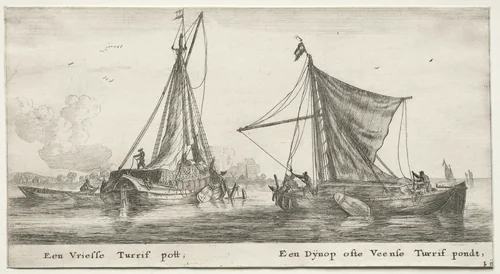 Various Ships and Views of Amsterdam (Verscheÿde Schepen en Gesichten van Amstelredam), Part II: A Frisian Peat Barge. The Dÿnop, near the Veensche Peat Pond by Clement de Jonghe, print, 1652-1654