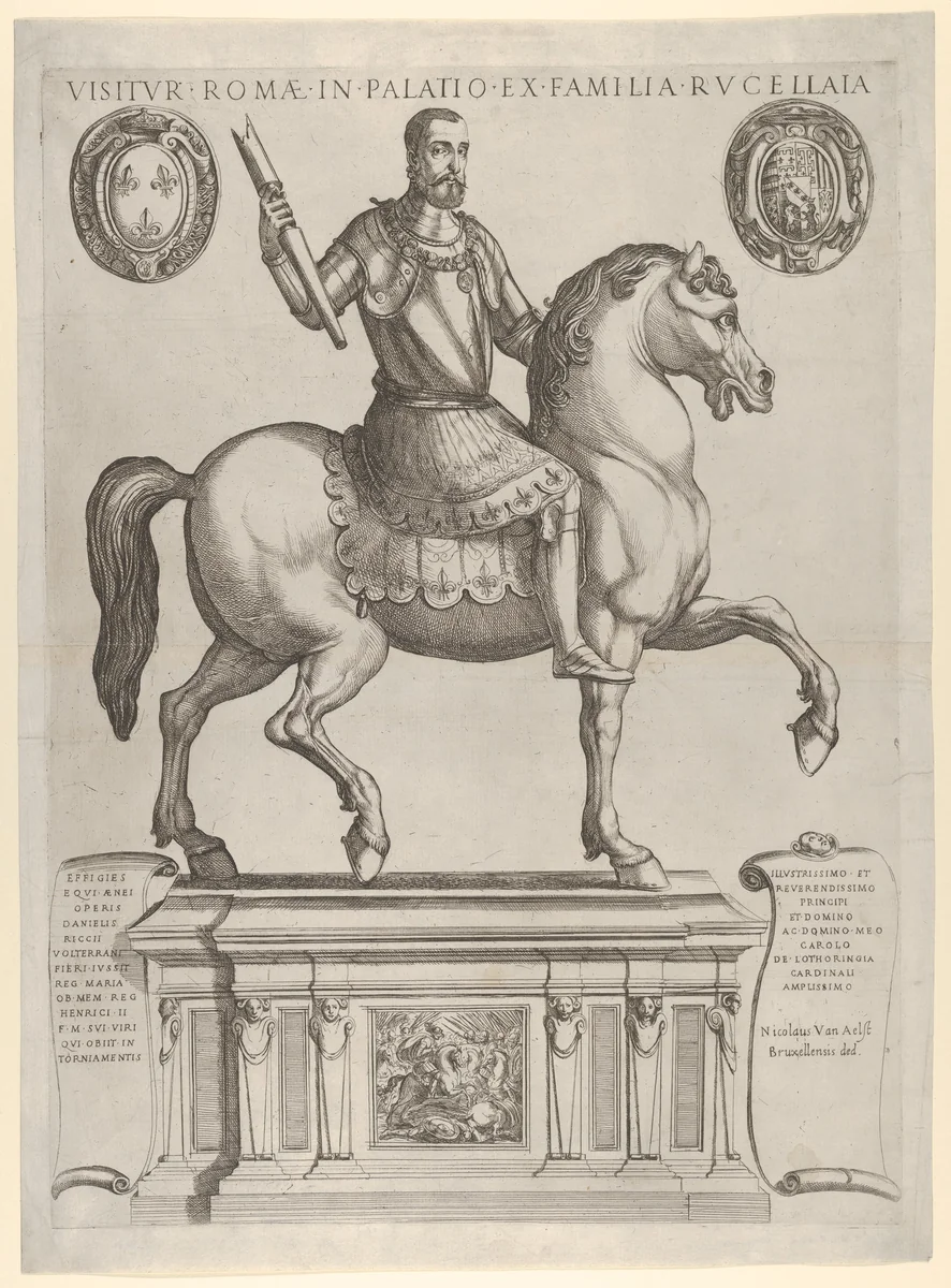 Equestrian Statue of Henry II, King of France, in the Palazzo Rucellai by Daniele de Volterra by Antonio Tempesta, print, 1600-1607