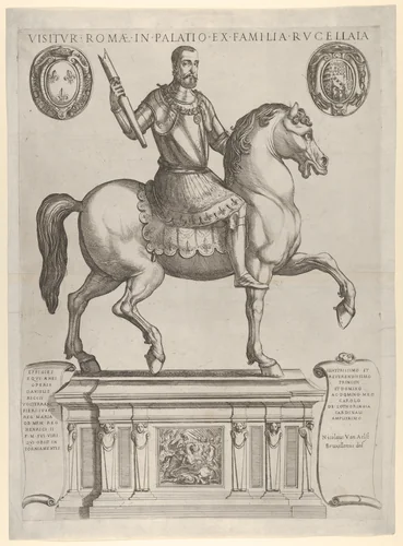 Equestrian Statue of Henry II, King of France, in the Palazzo Rucellai by Daniele de Volterra by Antonio Tempesta, print, 1600-1607