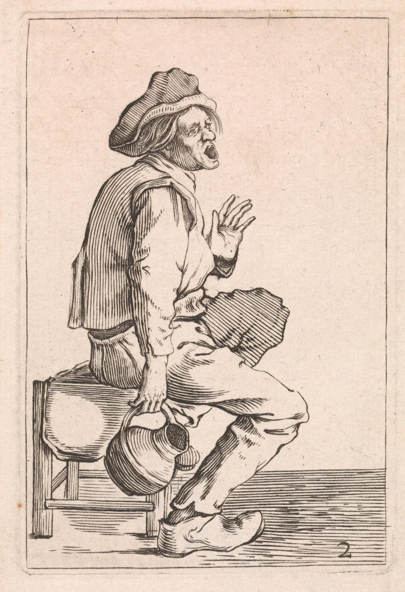 Zittende boer met schenkkan by Cornelis Saftleven, print, 1645