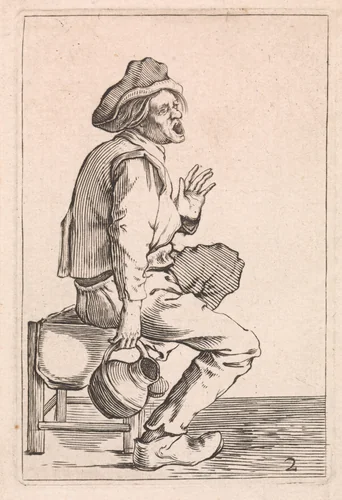 Zittende boer met schenkkan by Cornelis Saftleven, print, 1645
