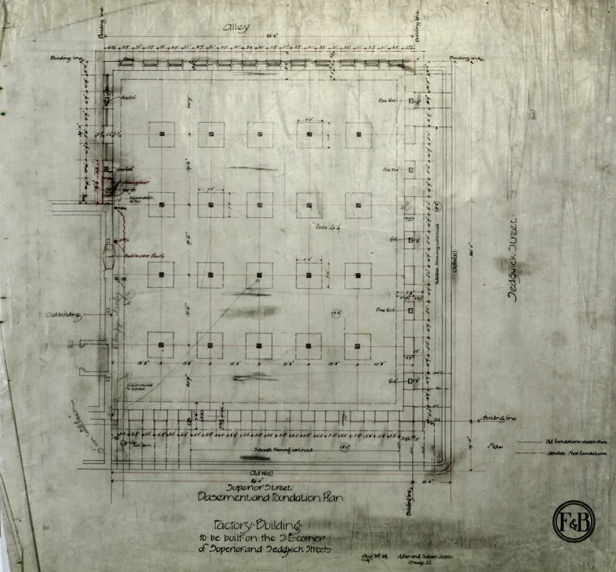 Brunswick Balke Collender Company Factory Building, Chicago, Illinois, Foundation Plan and Basement Plan by Adler & Sullivan, drawing, 1890-1894