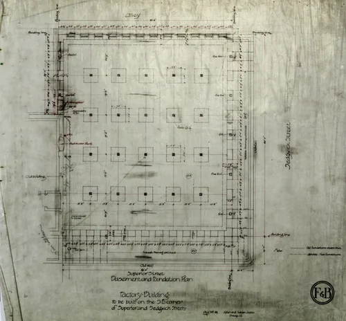 Brunswick Balke Collender Company Factory Building, Chicago, Illinois, Foundation Plan and Basement Plan by Adler & Sullivan, drawing, 1890-1894