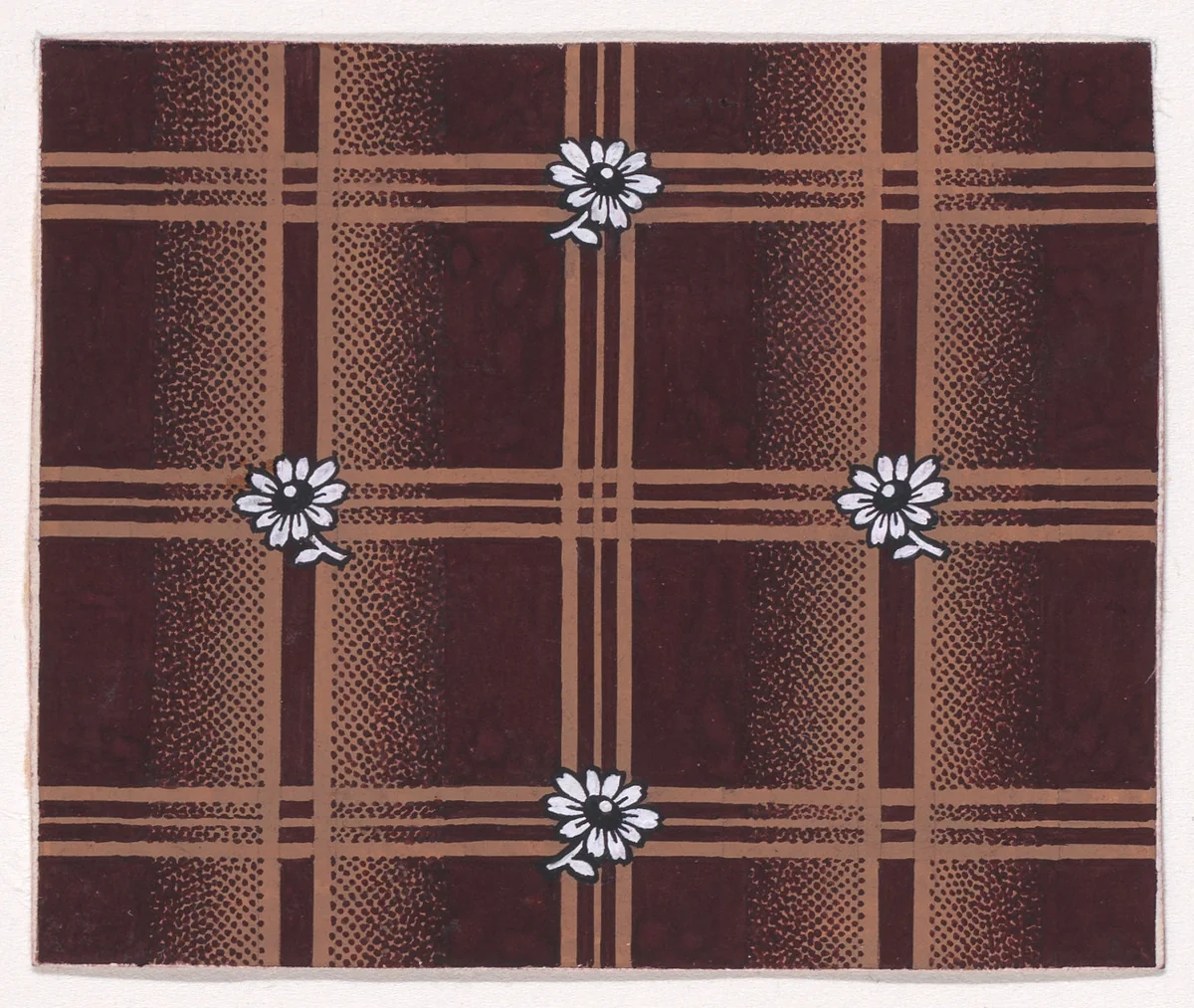 Textile Design with a Tartan Pattern and Stylized Daisies by anonymous, drawing, 1840