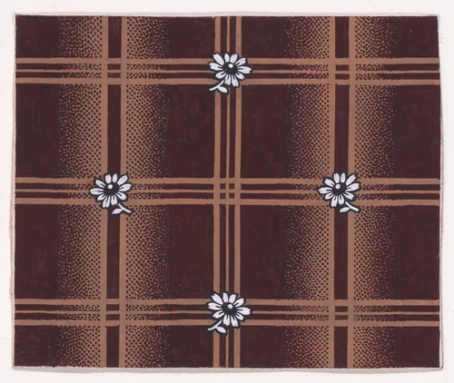Textile Design with a Tartan Pattern and Stylized Daisies by anonymous, drawing, 1840