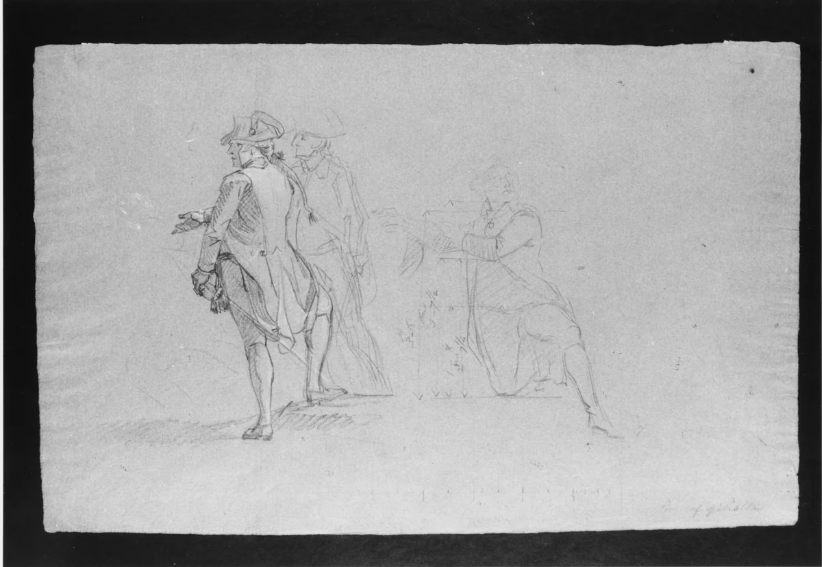 Study for "The Siege of Gibraltar": Three Officers, Two Standing and One Kneeling by John Singleton Copley, artwork, 1785-1786