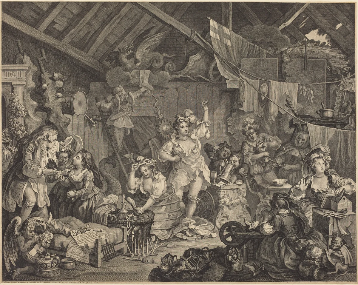 Strolling Actresses Dressing in a Barn by William Hogarth, print, 1738