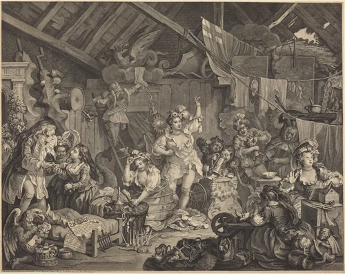 Strolling Actresses Dressing in a Barn by William Hogarth, print, 1738