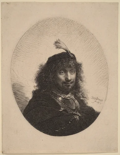 Self-Portrait (?) with Plumed Cap and Lowered Sabre by Rembrandt van Rijn, print, 1634