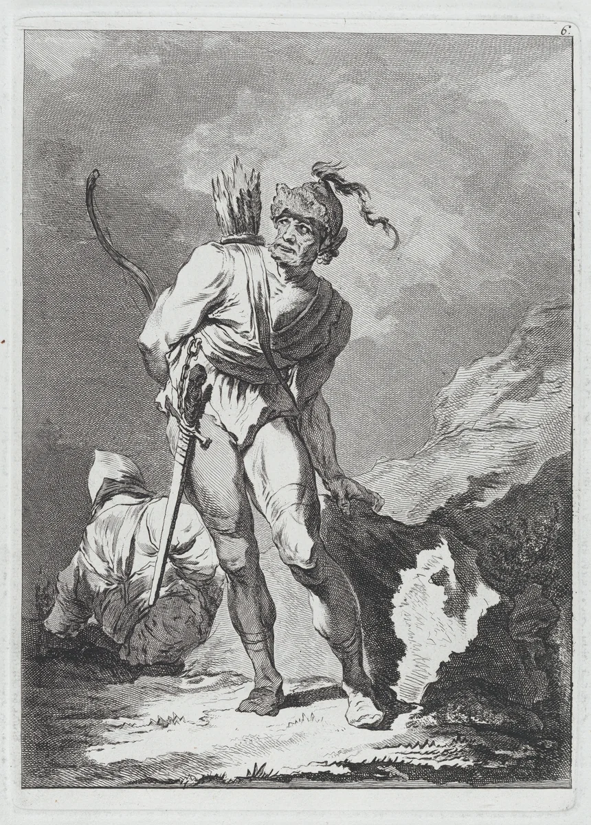 Two Soldiers, One Standing with Sword, Bow and Arrows, One Seated Seen from Behind by Matthias Pfenninger, print, 1764