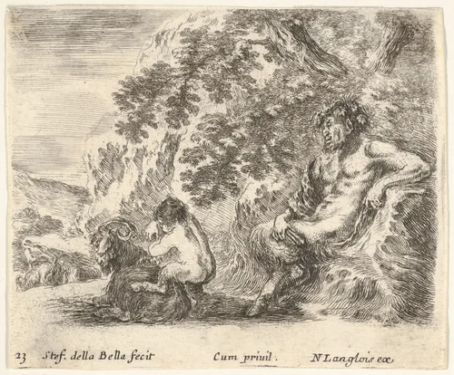 Plate 23: a satyr sitting against a tree to right and holding a flute in his right hand, a child playing with a goat to left, from "Diversi Capricci" by Stefano della Bella, print, 1644-1647
