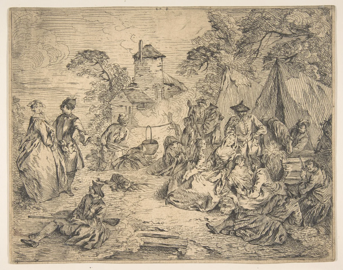 Halte des Troupes (Soldiers and Women in an Encampment) by Jean Baptiste Joseph Pater, print, 1710-1736