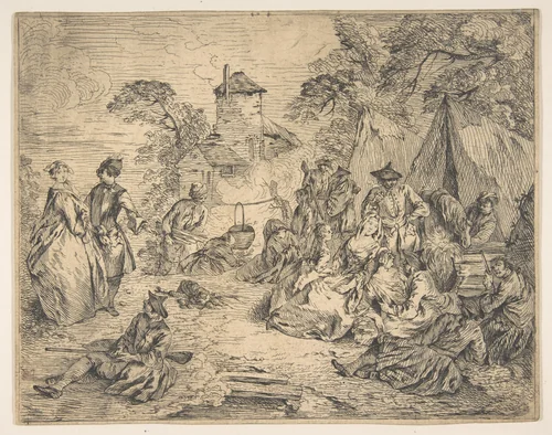Halte des Troupes (Soldiers and Women in an Encampment) by Jean Baptiste Joseph Pater, print, 1710-1736
