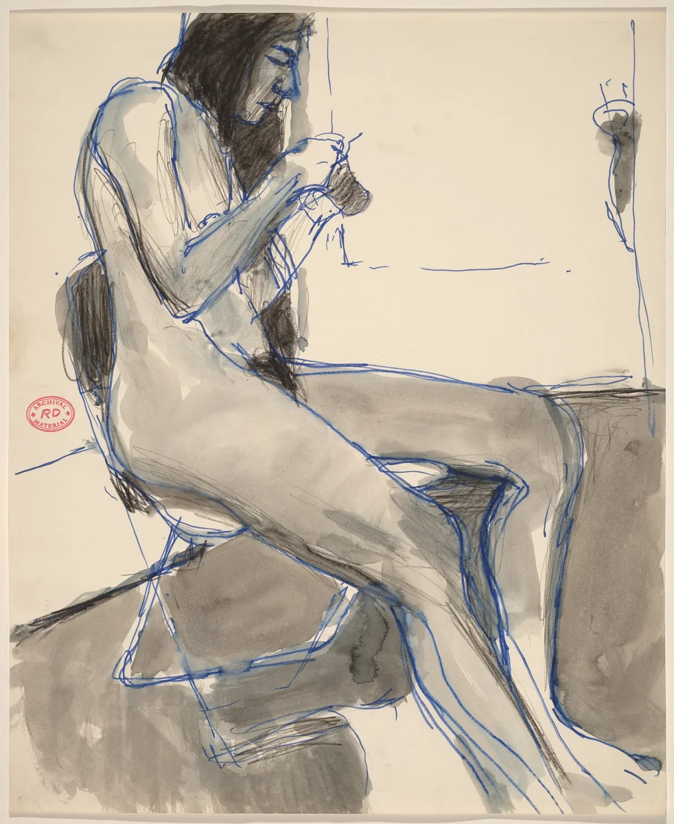Untitled [seated female nude holding and examining an object] by Richard Diebenkorn, drawing, 1955-1967