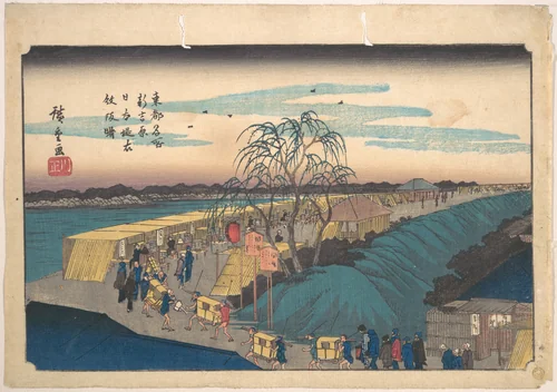 Shin Yoshiwara Nihon Tsutsumi Emonzaka Akatsuki by Utagawa Hiroshige (歌川広重), print, 1825-1845