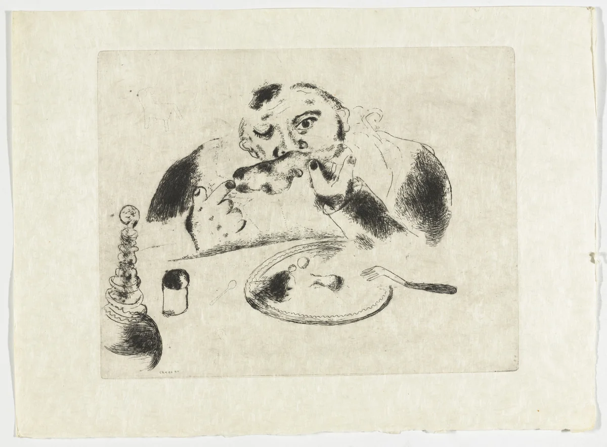 Sobakévitch at the Table (Sobakévitch à table), plate XXXVI (supplementary suite) from Les Âmes mortes by Marc Chagall, illustrated book, 1923