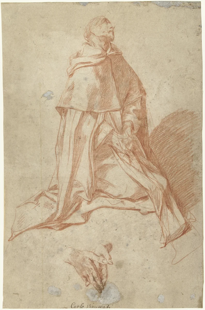 Studie voor een biddende, knielende monnik, en profil naar rechts by Carlo Donelli, drawing, 1670-1715