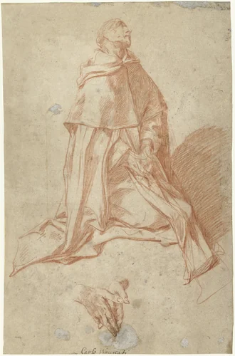 Studie voor een biddende, knielende monnik, en profil naar rechts by Carlo Donelli, drawing, 1670-1715