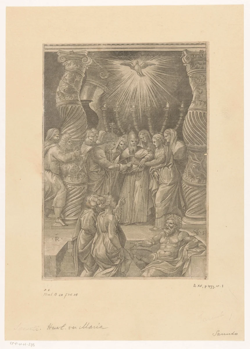 Het huwelijk van Maria met Jozef by Unknown, print, 1540-1580