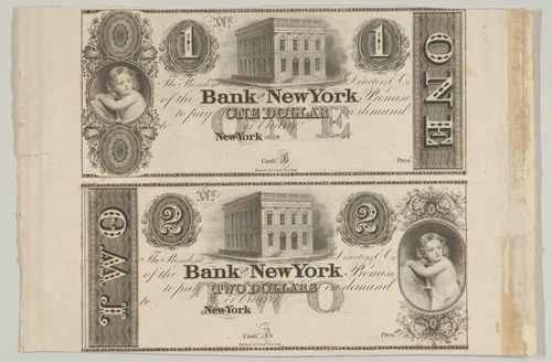 Proofs of Bank of New York One Dollar Bill and Two Dollar Bill by Asher Brown Durand, print, 1824-1837