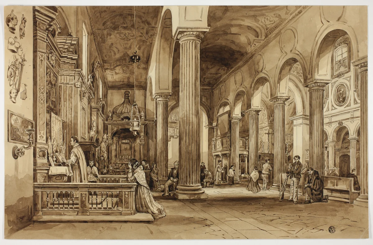 Interior of a Cathedral in Southern Italy by Unknown Artist, drawing, 1800-1899