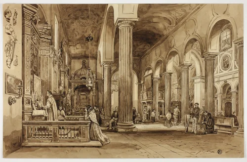 Interior of a Cathedral in Southern Italy by Unknown Artist, drawing, 1800-1899