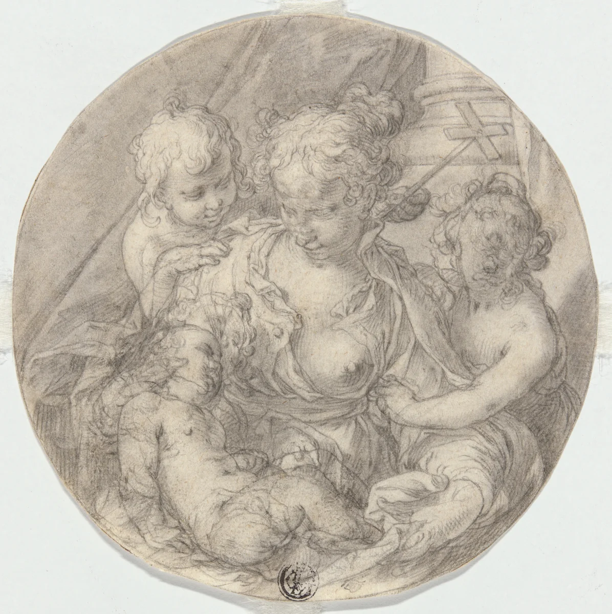 The Madonna with the Christ Child, with the infant John the Baptist and another Child (Caritas) by Joachim Anthonisz. Wtewael, drawing, 1595-1605