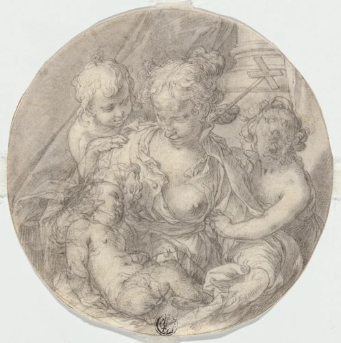 The Madonna with the Christ Child, with the infant John the Baptist and another Child (Caritas) by Joachim Anthonisz. Wtewael, drawing, 1595-1605