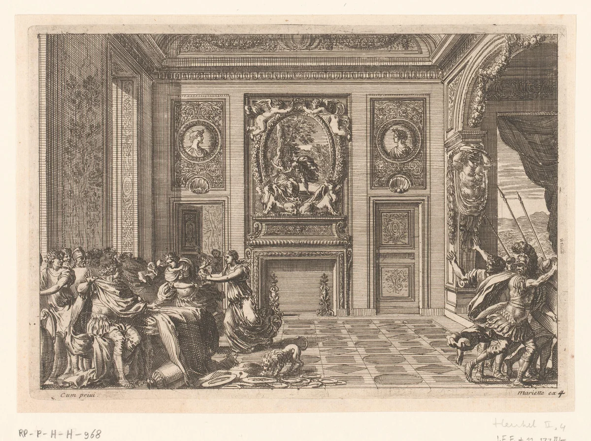 Philomela en Procne tonen aan koning Tereus het hoofd van zijn zoon by Jean Lepautre, print, 1628-1682