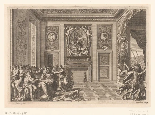 Philomela en Procne tonen aan koning Tereus het hoofd van zijn zoon by Jean Lepautre, print, 1628-1682