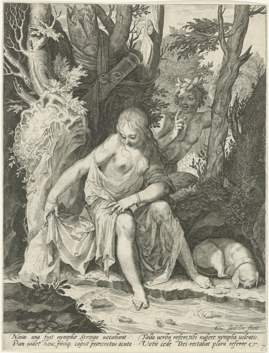 Pan bespiedt de nimf Syrinx by Unknown, print, 1580-1629