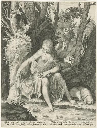 Pan bespiedt de nimf Syrinx by Unknown, print, 1580-1629