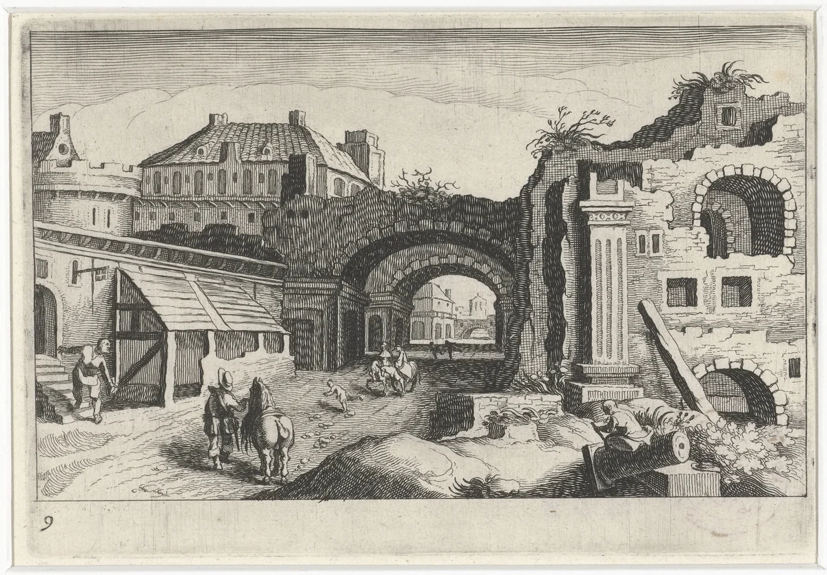 Stadsgezicht met een ruïne by Simon Frisius, print, 1611