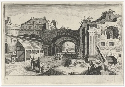 Stadsgezicht met een ruïne by Simon Frisius, print, 1611