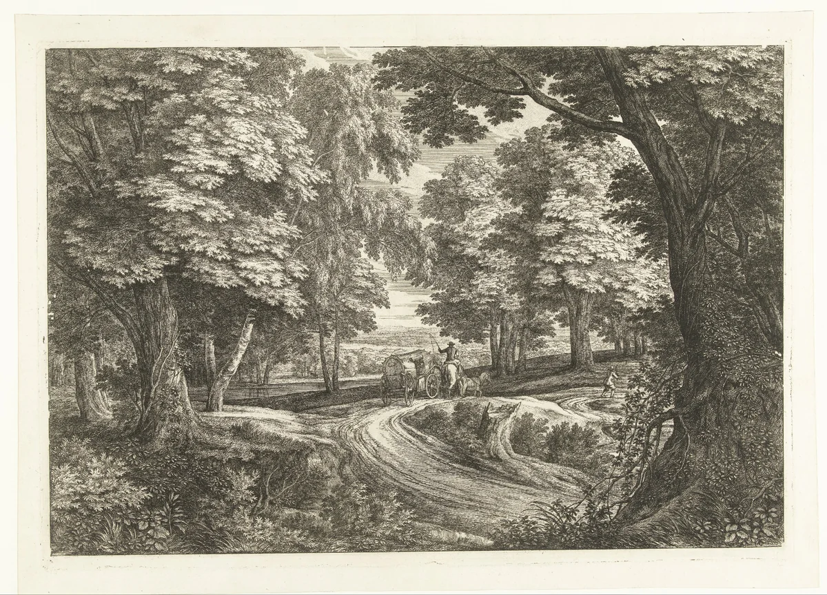 Landschap met reiswagen by Adriaen Frans Boudewyns, print, 1666-1681